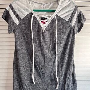Rosegal Gray & White Lace-Up Short Sleeve Top Medium Sheer